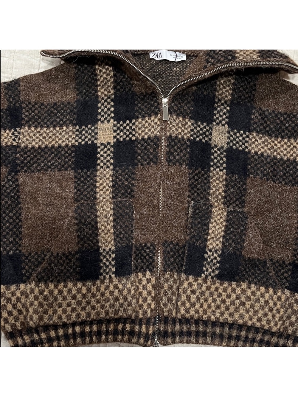Zara Checkered Brown and Black zip up Sweater Jacket women's